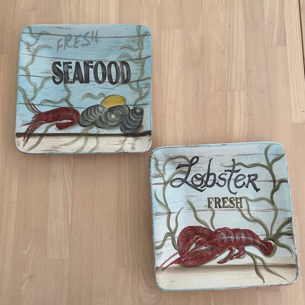 Kate McRostie Two 9 Inch Buffet Dinner Plates Fisherman's Catch Seafood Lobster